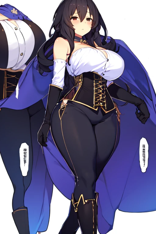 Create a very voluptuous anime-style woman looking straight ahead with her arms spread apart, showing her full body from head to toe and her arms not appearing cut off.