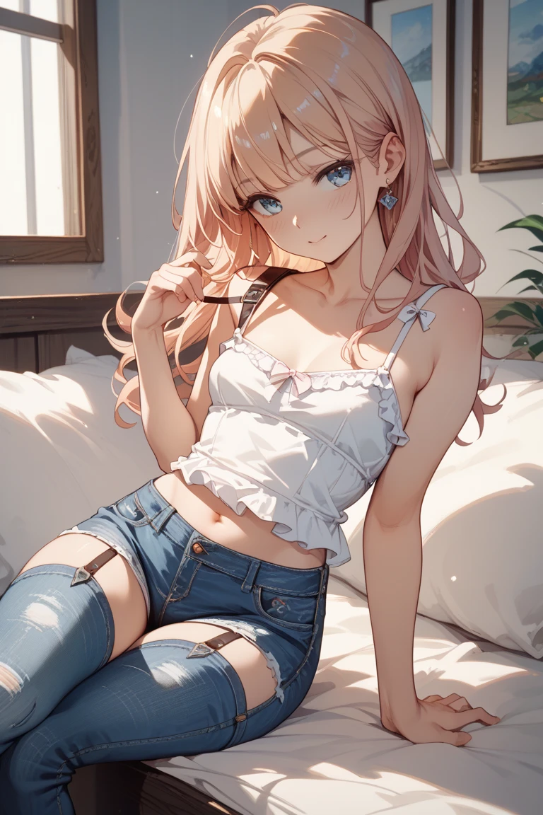masterpiece, highest quality, pretty girl, 16 , Scrunchie hair ornament, denim pencil mini skirt, pantyhose, lingerie, necklace,hoodie,sit, skinny , Pink and white bra,((Show off your white panties)),Shy laugh