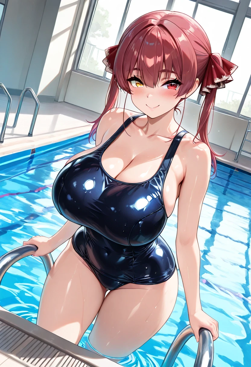 girl, Skinny red bikini, Very muscular, Long red hair, Glasses, huge tit, Huge breasts, OPPAI ratio, Short white hair, Brown eyes, Thin waist, Huge ass, Smiling, full bodyesbian, Hands on the waist, Pose sexy in the pool