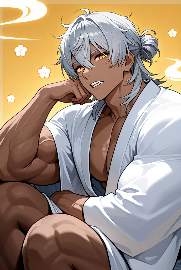 Character masculine From The king of figthers, k Dash Lying on a futon with a soft smile on your lips in a night mood , white hair, Gray iris eyes, dark skin, Toned muscular body, Wearing a simple blue kimono