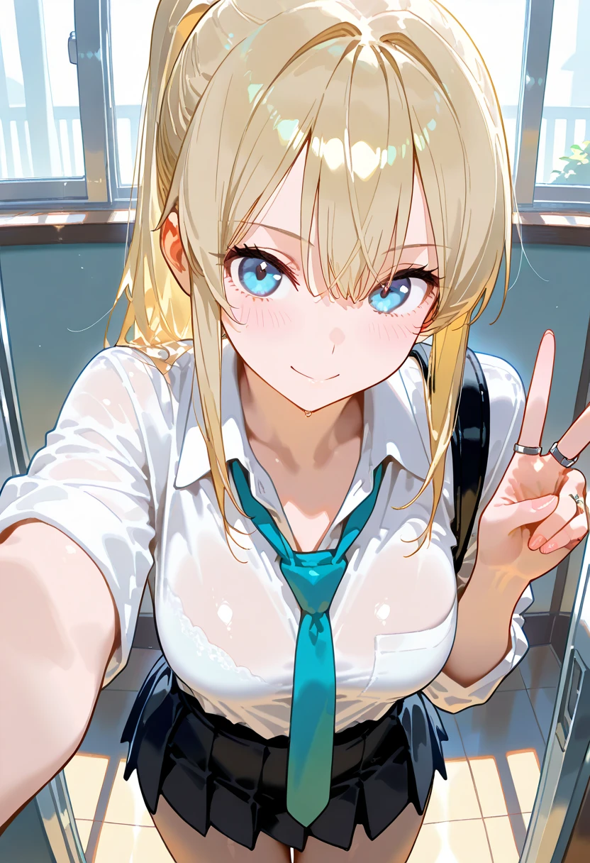 masterpiece, best quality,ultra detail, <lora:GoodHands-vanilla:0.6>girl,himeno, blonde hair,blue eyes, long hair, hair ornament, hair flower, <lora:himenochan_lora_ver1:0.7>,school,classroom,blush,close up,evil smile,from below,plits skirt,leaning forward,sweat, open arms,wet see-through<lora:yudedako_v100:1>
