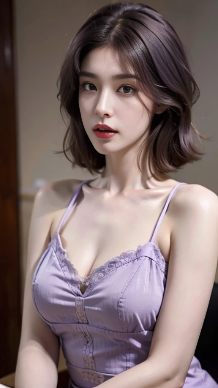 (Ultra-realistic), (figure), (High resolution), (8K), (Very detailed), (Best figure), (Beautiful attention to detail), (Highest quality), (Super detailed), (masterpiece), (wallpaper), (Detailed face), Droopy eyes, Sweaty, Upper body close-up, Underarm, short hair, Inner Color, alone, A girl wearing simple purple underwear, Japanese, big , (Camel Toe)