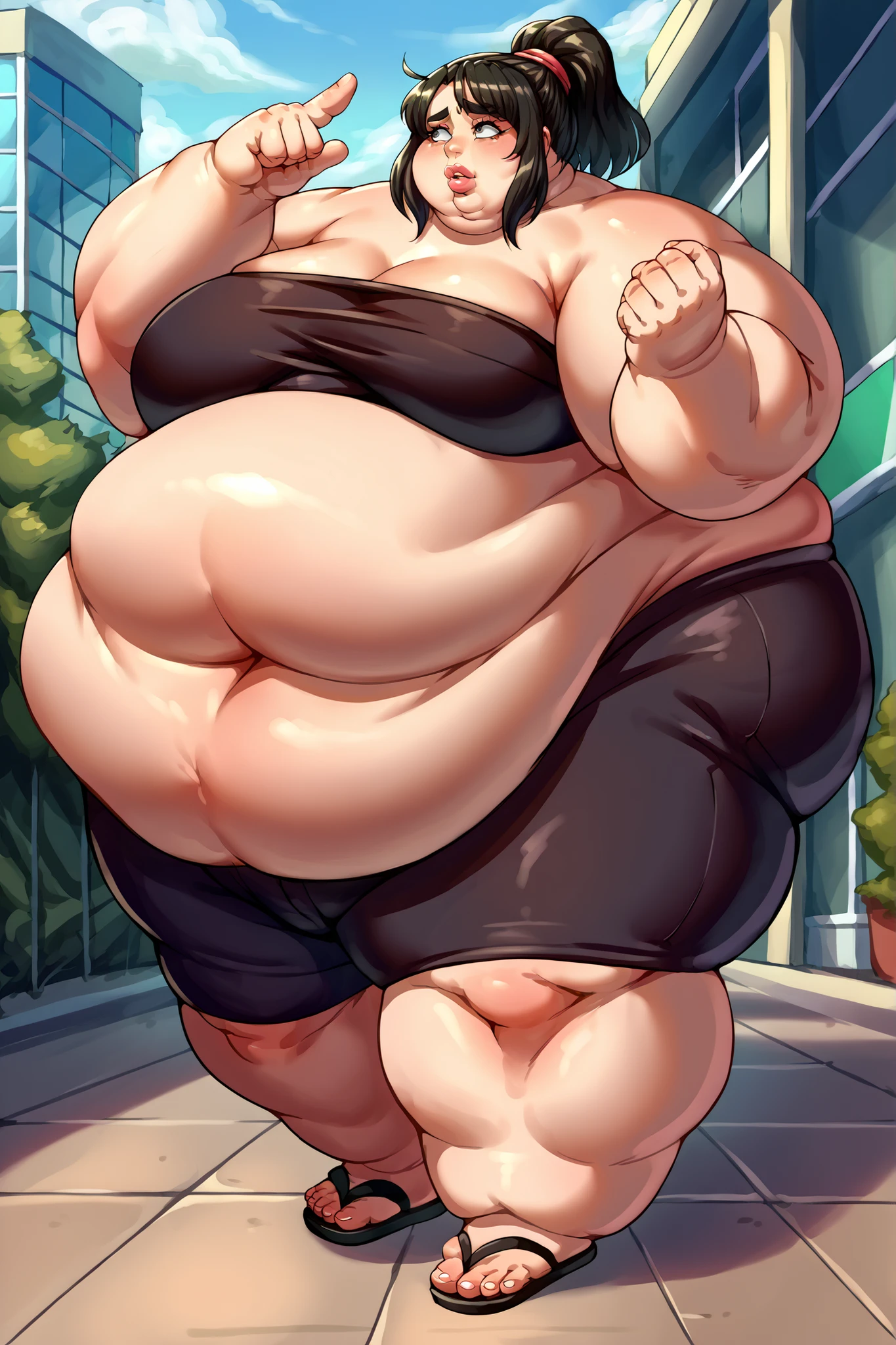 score_9, score_8_up, score_7_up, source_anime BREAK 1girl, solo, shihop5, black hair, ponytail, tube top, black bike shorts, sandals, giant hands, giant feet, fat, chubby, obese, gigantic arms and legs, gigantic breasts, sagging breasts, full body shot, fat face, chubby face, double chins, big lips, fat hands, fat finger's, chubby hands, chubby fingers, arms to the side, walking in public,