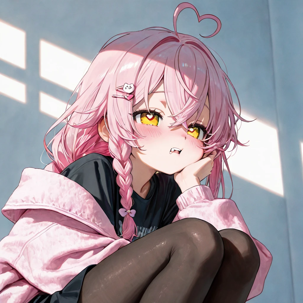 woman, 20 years old, beautiful woman in messy bedroom, poofy hair, eyeliner, emo, goth, bright pink hair, head ornament, stockings, skinny, pink lighting, sweater, pink eyes