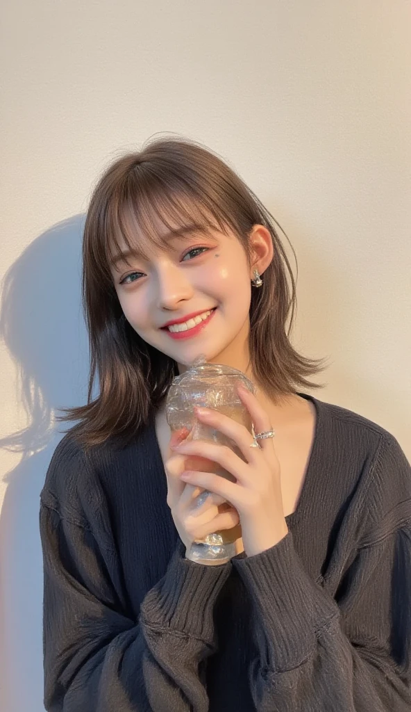 closeup shot , Best picture quality (8K, high resolution, Masterpiece: 1.2), super detailed, 215 Short Hair, 16-year-old woman,
situation: A scene of a high school girl having tea with friends at a cafe after school。
clothing: 、Loafers underfoot。Hair down naturally。
angle: Cafe table in the background、Shooting from face-to-face。The moment you drink a drink、Close-up of smiling and talking with friends。It would be nice to include the interior of a stylish cafe in the photo as well.。
Close-up of face
, random cute pose ,big eyes ,Puffy eyes , Heart Pupil, blush , huge shy smile , salute