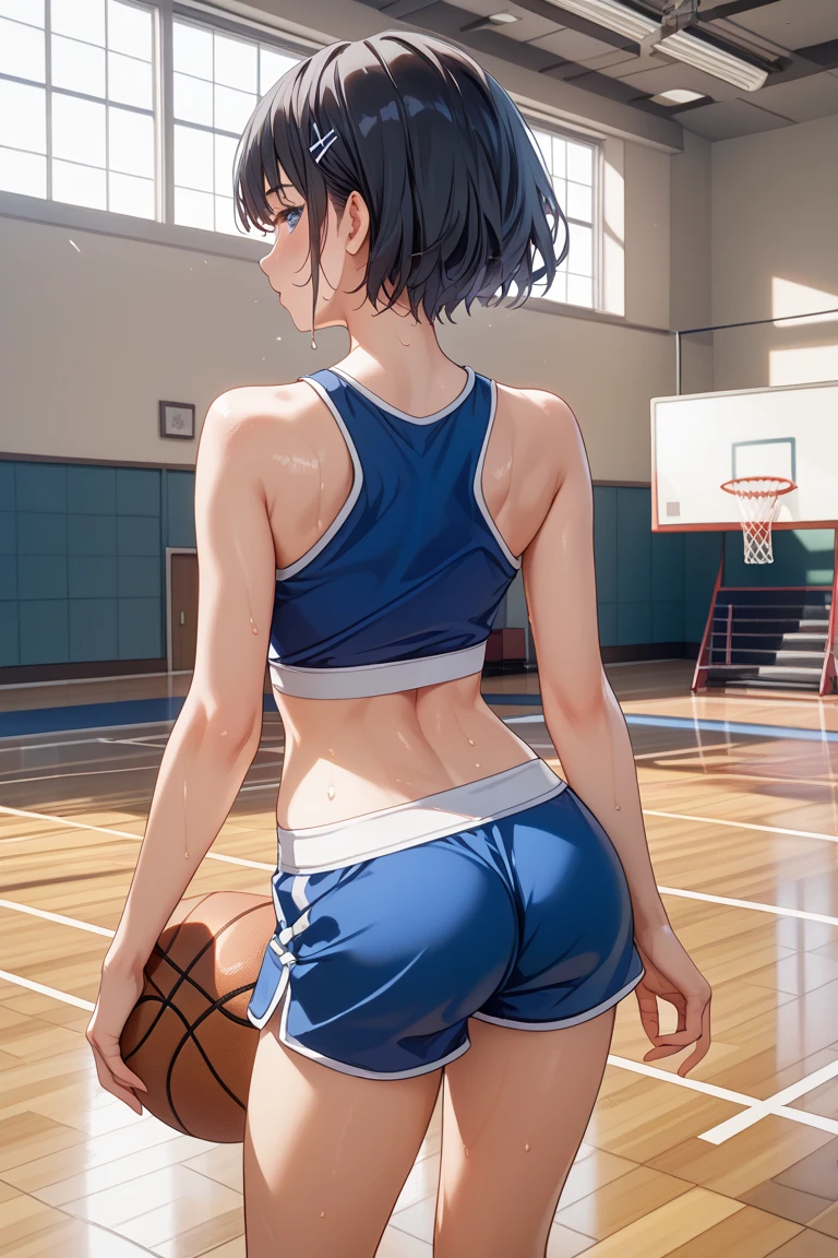 super creek \(umamusume\) in sexy mini shorts and sports bra, crouched deadlifting with a bar with her back facing a gym mirror, sweating, High Resulution, UHD, detailed image.