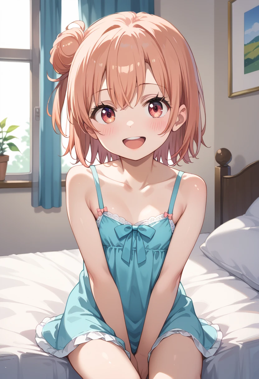 ((highest quality)), ((masterpiece)), (be familiar with), Perfect Face, indoor, Bedroom, Watching the audience,
One woman, Yuigahama Yui,
Open Mouth, Ecstatic expression, blush, smile,
Small breasts, Flat Chest, Young Girl, , , Girl,
Short Hair, Salmon-colored hair, Salmon-colored eyes, Side Pony,
Leg spread,