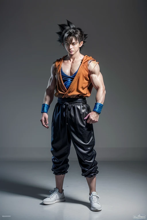 Gohan wearing purple suit, real hair, real eyes, real skin, real muscle, convert to real life photorealistic, 8k