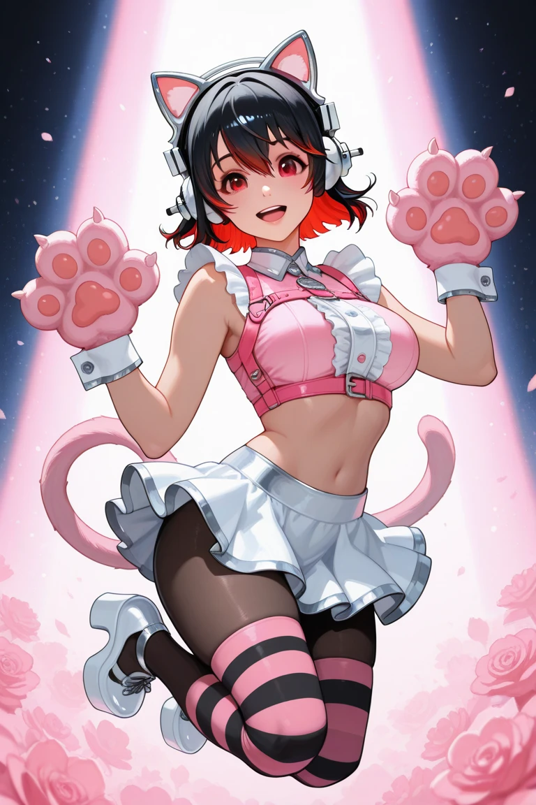 topless,cum in pussy,pussy line,lying on back,spread legs,show off nipples,mandalay, 1girl, solo, breasts, looking at viewer, smile, short hair, bangs, skirt, large breasts, simple background, brown hair, gloves, white background, navel, animal ears, hair between eyes, bare shoulders, brown eyes, closed mouth, tail, full body, boots, sleeveless, midriff, cat ears, from front, crop top, cat tail, fur trim, sideboob, fake animal ears, red skirt, headgear, facial mark,red footwear, animal hands, paw pose, fake tail, whisker markings, paw gloves