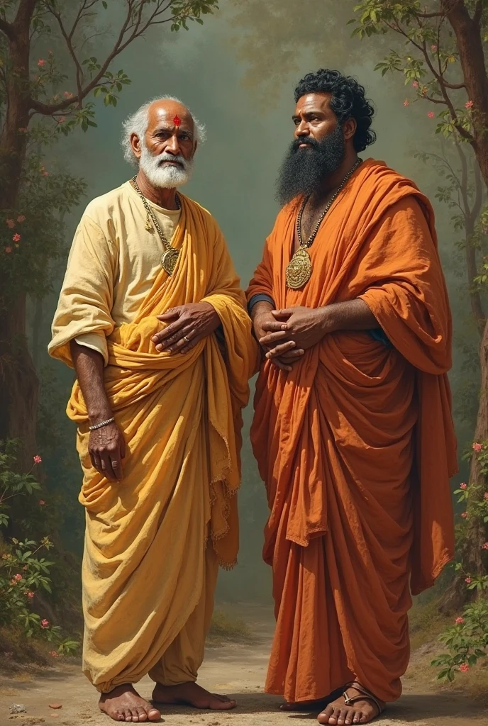 Hindu Sadhus sitting in a field looking straight into the camera. Magical Realism Painting