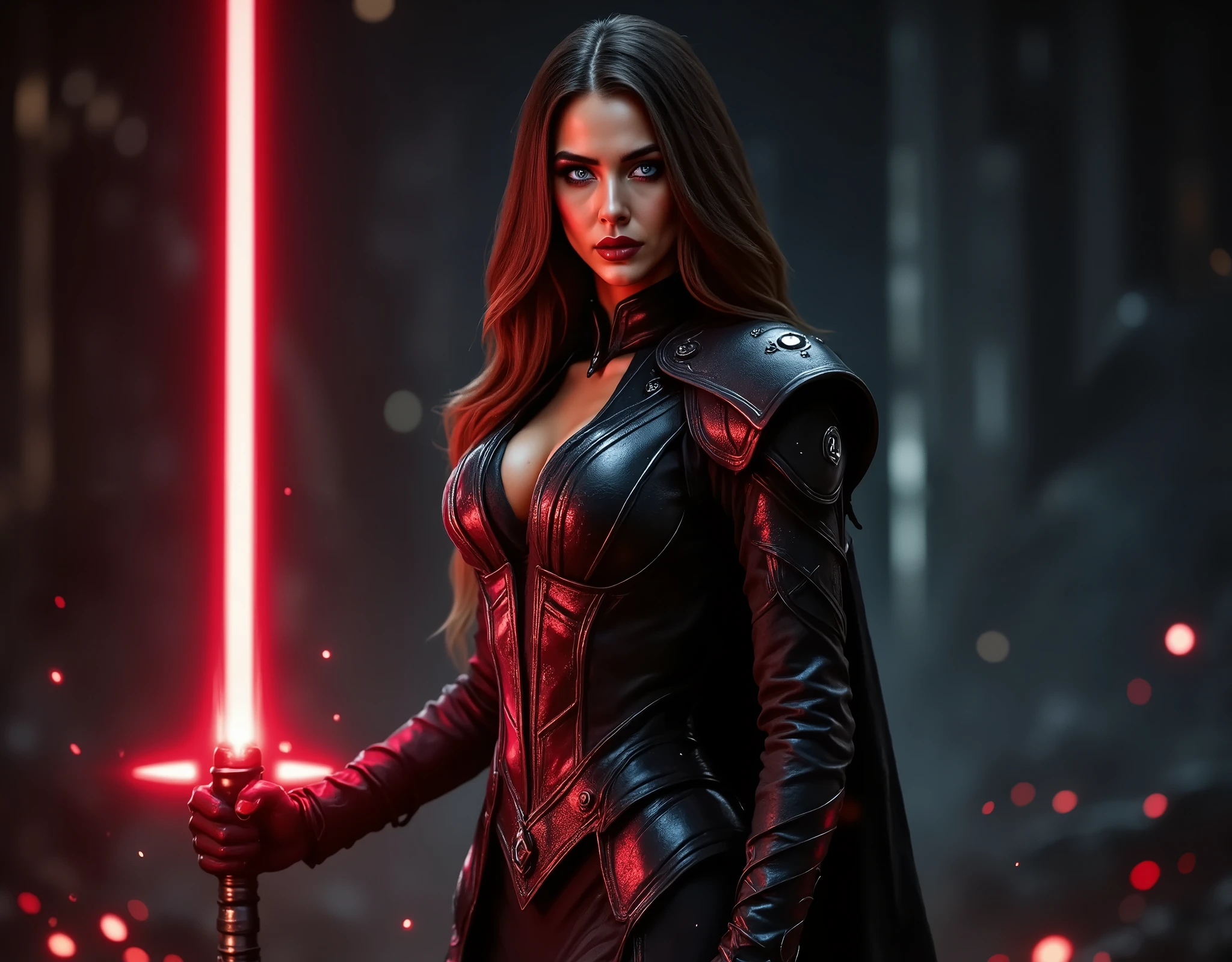full body shot, female warrior, sith lord, star wars, red lightsaber, intricate details,beautiful detailed eyes, beautiful detailed lips, extremely detailed face, long eyelashes, evil look, diabolic, dramatic lighting, dark fantasy, chiaroscuro, cinematic composition, dramatic pose, dynamic action, moody atmosphere, deep shadows, vibrant colors, photorealistic, 8k, masterpiece