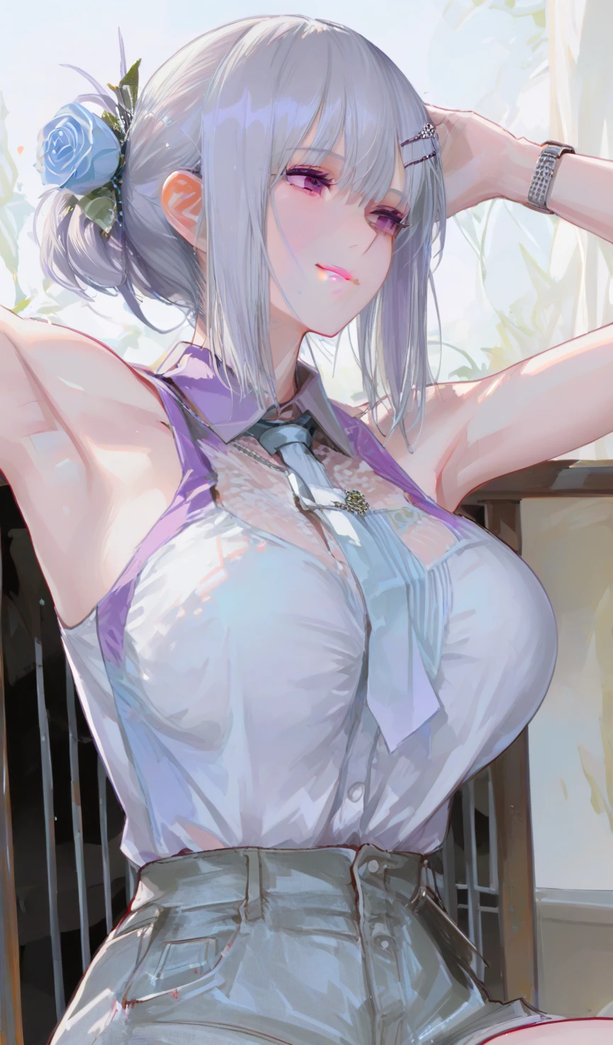 1 girl, (alone:1.3), Big Cleavage, hot spring, outdoor, suit, Hold your legs, certainly(bluearchive), medium breasts, White hair, braid, folded ponytail, Headband, pink eyes