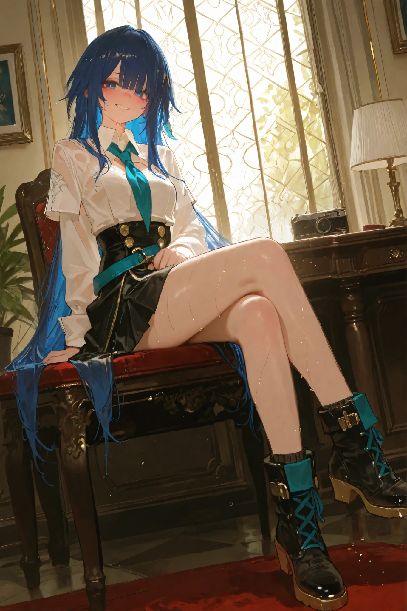1girl, sparkle_(honkai_star_rail), 748cmstyle, dishwasher1910, pigeon666, reoen, very long hair, loose hair, blue hair, black eye, fantasy academy school uniform, white shirt, black skirt, small boots, rain, rainy day theme, zoomed medium shot from thighs to head, focused composition, detailed character view, clear lighting on face and outfit, slight upward camera angle for emphasis,
Sitting on a academy table, motion blur, masterpiece, best quality, good quality, newest,fantasy school academy background, looking at viewer, smiling, wet clothes, blushing smile, brushing her hair back. Her posture is confident yet elegant, radiating main heroine charm. A soft breeze lifts her hair slightly