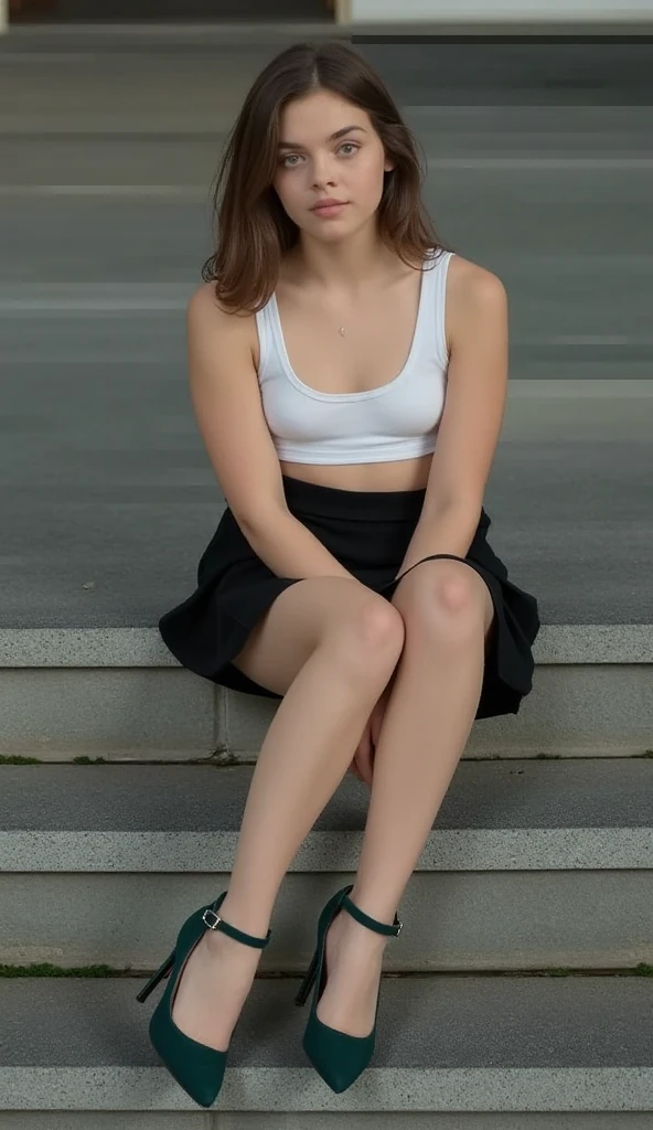 ((best quality)), ((masterpiece)), (detailed), Young Audrey Hepburn with large breasts, covered by Lacey bra, poses in a school girl outfit with a pink, pleated miniskirt. She squats with her legs spread on, with one hand spreading her vagina labia. She wears long knee-high socks and low-cut Converse shoes. The photograph is taken from below, near the ground, angled upward to see up her skirt.