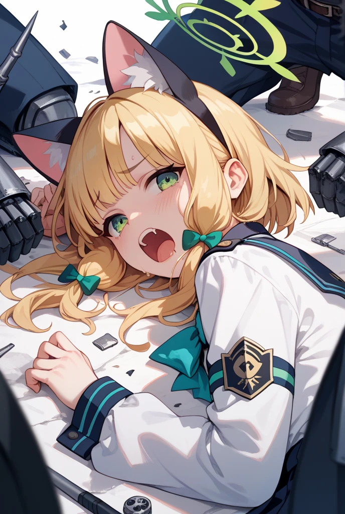 (((masterpiece))),(((best quality))),(ultra-detailed,high resolution:1.2),(illustration),((an extremely delicate and beautiful)),(detailed background), POV, ((((all fours)))), ((((fellatio)))), ((((headpat)))), ((face down)), (cum in mouth:1.4), (((wrestling ring))), ((1petit girl)and(1boy)), hetero, (1petit girl,short stature),((((artoria caster,(second ascension)/(fate/grand order/)))), (slender body:1.4), (long blonde hair,twintails),sidelocks,ahoge, green eyes, (middle breasts), ((She wears white dress, long sleeves, blue beret, black pantyhose, blue footwear, blue cloak, blue bow)), ((((panicking)))), (wavy mouth), open mouth, (cum on clothes,cum on body,excessive cum:1.4),cum facial,bukkake,cum on hair, clothing aside, clothed, (1boy,tall stature:1.4),text,