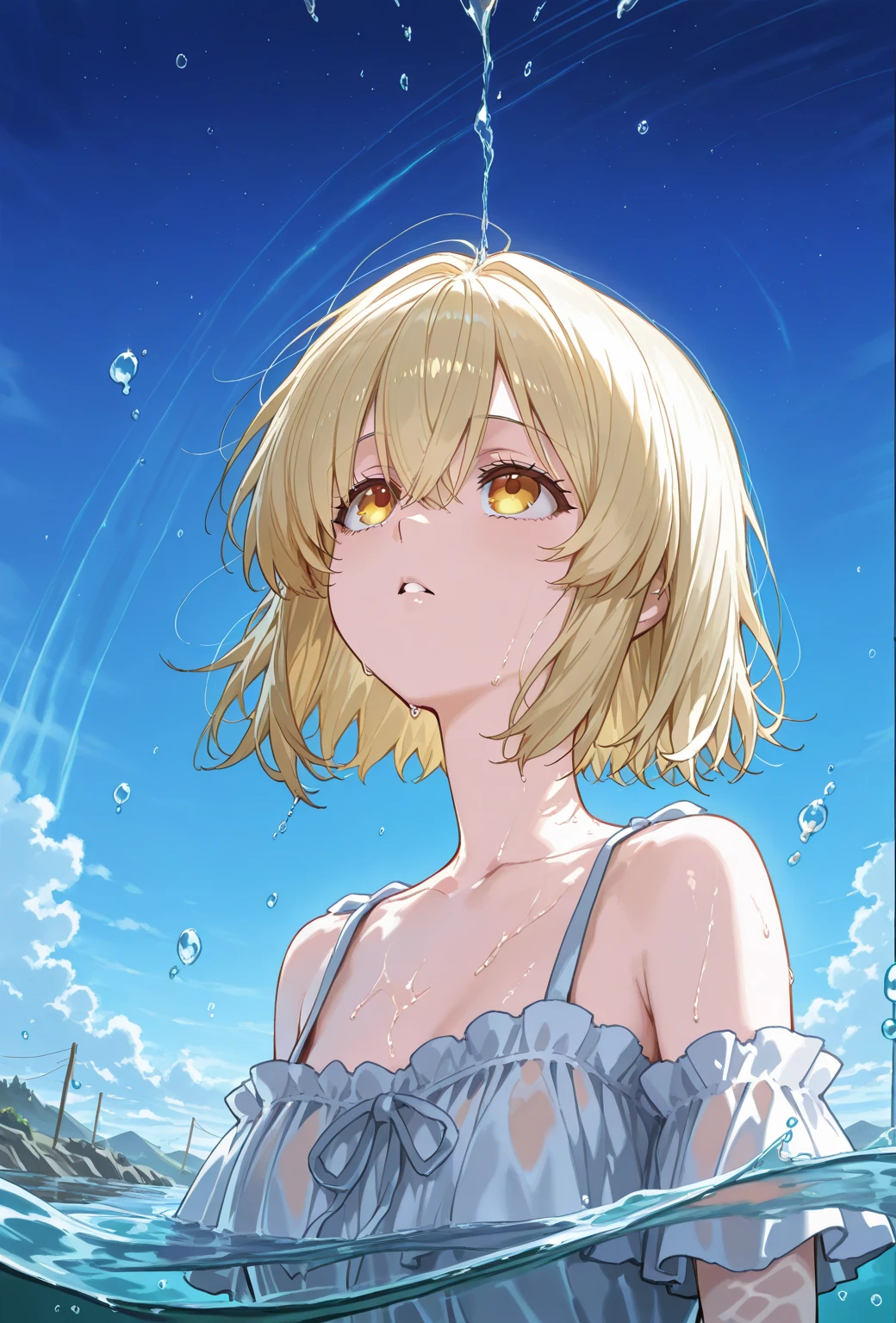 Boy Goblin "(Masterpiece, Best Quality, Super Detailed) Realistic Depiction Should Be", Small, Thin Tank Top, Light Clothes, Raised, Sheer Clothes, Blonde Hair