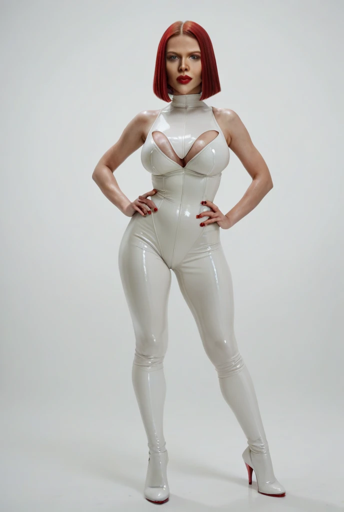 (high resolution, full body,soft skin:1.2),(best illustration,masterpiece:1.2),ultra-detailed,[hood:1.2)],vivid colors,sharp focus,portrait,retro-futurism, vaporfashion, white latex catsuit and white thigh high boots, hands on hips, future look, red head