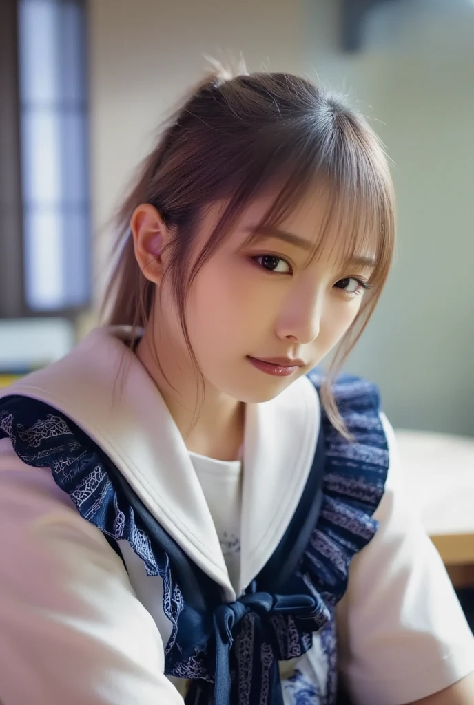 ((highest quality, 8K, masterpiece :1.3)), Photorealistic、Ultra-high resolution、Natural skin texture、Hyperrealism、Photograph from the knee up、Beautiful Japanese girl in her early teens、White collared shirt、Rope tied around chest、Angry expression