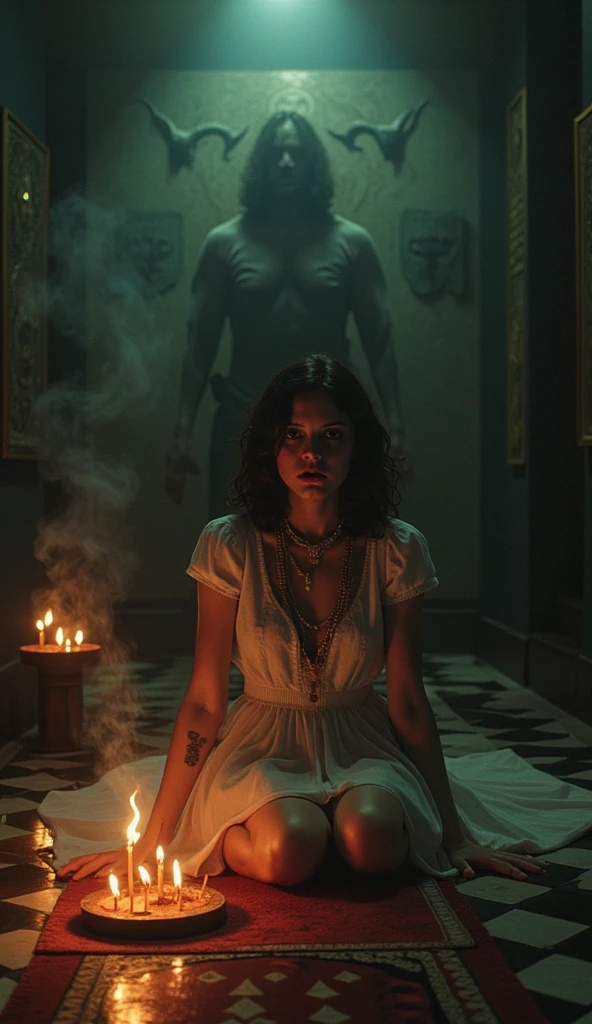 a topless young girl, demonic glowing eyes, baphomet, satanic ritual, pentagram altar, dark moody lighting, dramatic chiaroscuro, gothic horror, dark fantasy, intricate details, cinematic composition, dramatic pose, extreme realism, 8k, photorealistic, digital painting, masterpiece