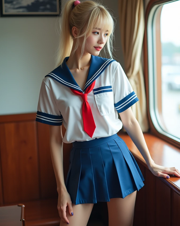 1girl, idol, close-up,photo, film, depth of field, model, looking at viewer,(NSFW),(((pussy))),crack,(((serafuku))),(((sailor collar))),(((lift skirt))),no panties,no bra,light smile,no pubic hair,young girl,baby girl,smallish body,little body,(((lolita))),(((blonde hair))),cute face,