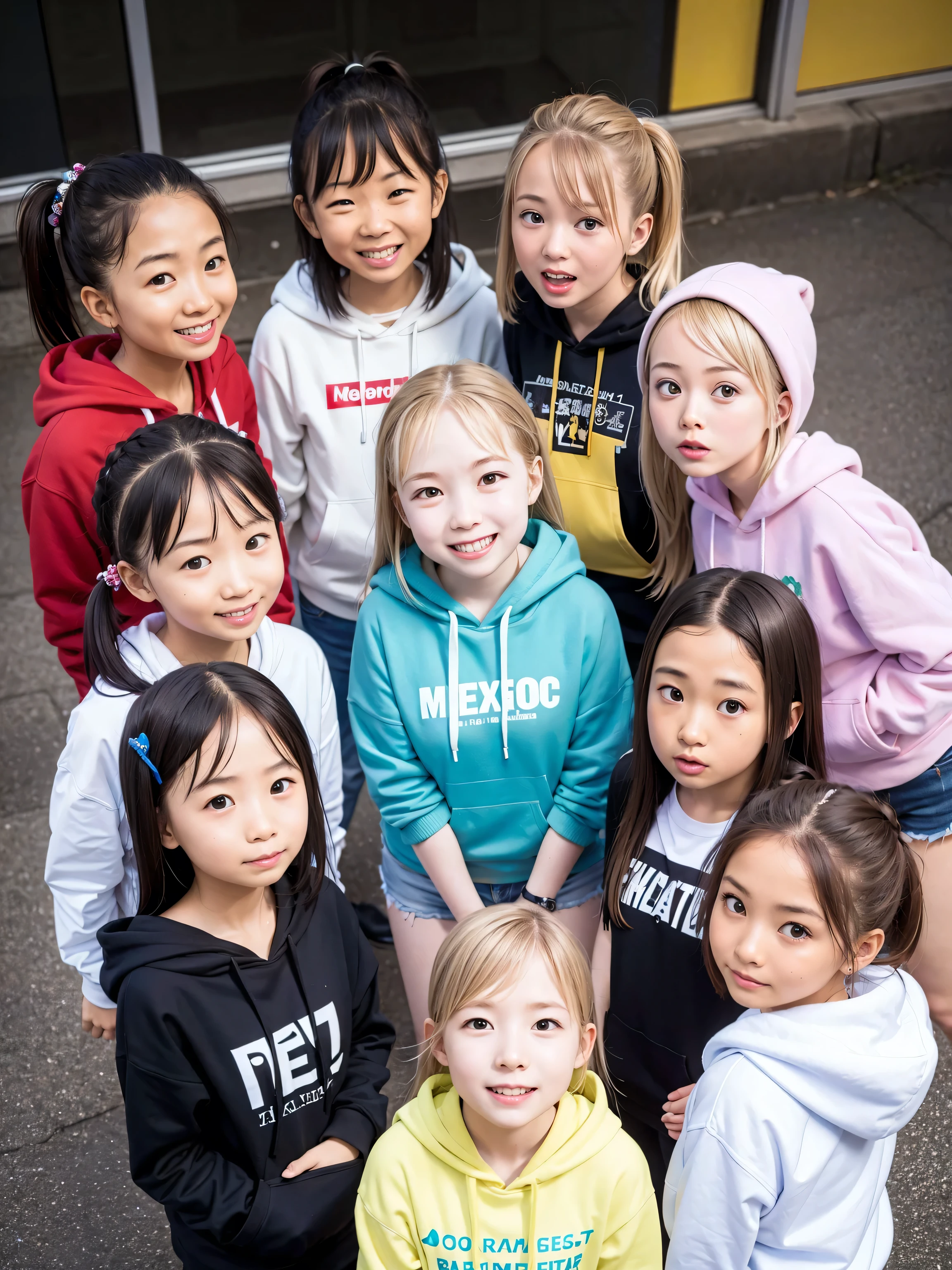 18yo、HD, masterpiece, ((hoodie)), (pastel west cross ), red cheeks, best quality, smile, ( Medically Accurate ),((classmates)), staring at camera,幸せそうなsmile, city crossroads、destroy 6 girls