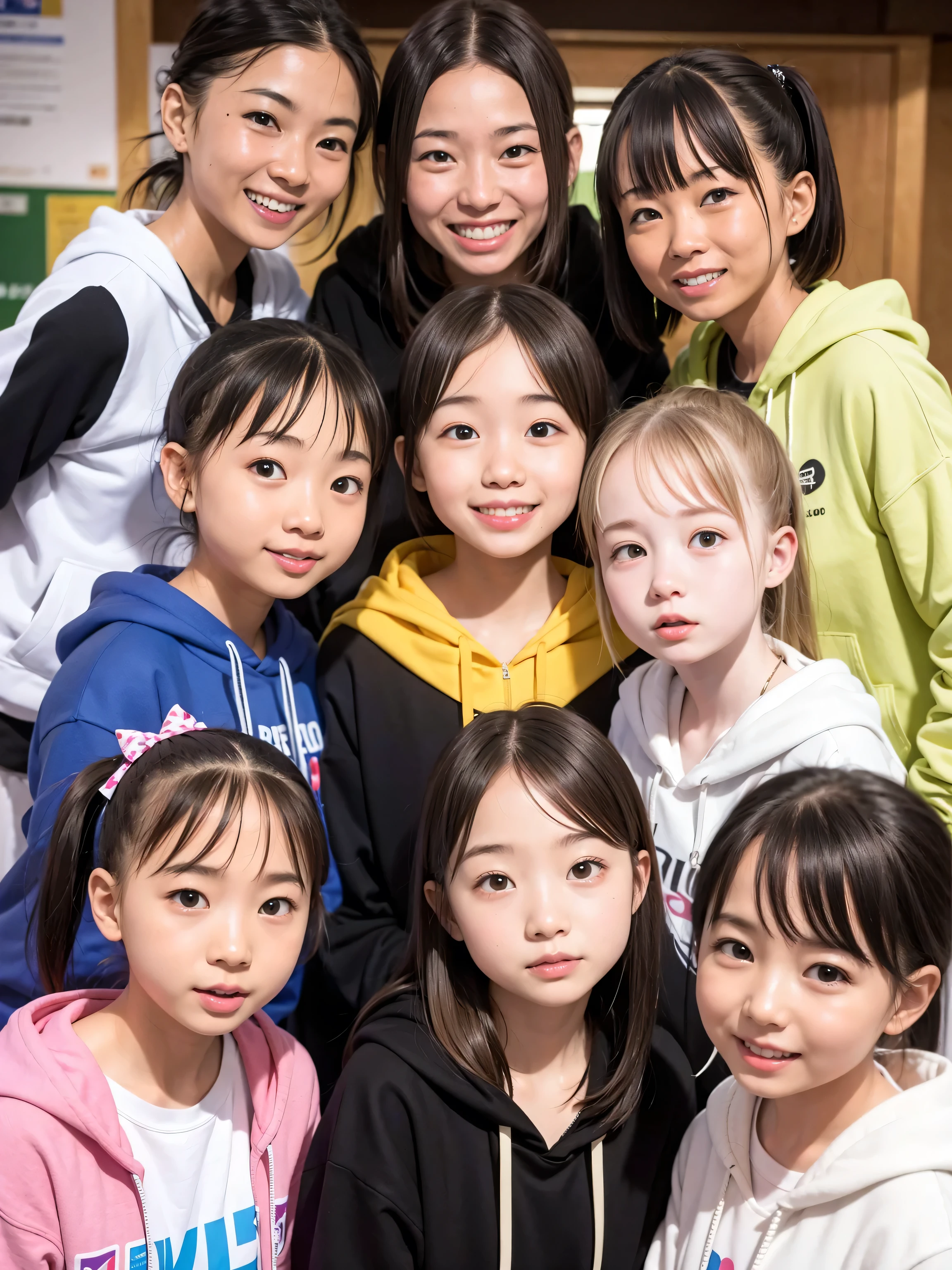 18yo、HD, masterpiece, ((hoodie)), (pastel west cross ), red cheeks, best quality, smile, (  Medically Accurate  ),((classmates)), staring at camera,幸せそうなsmile, city crossroads、destroy 6 girls