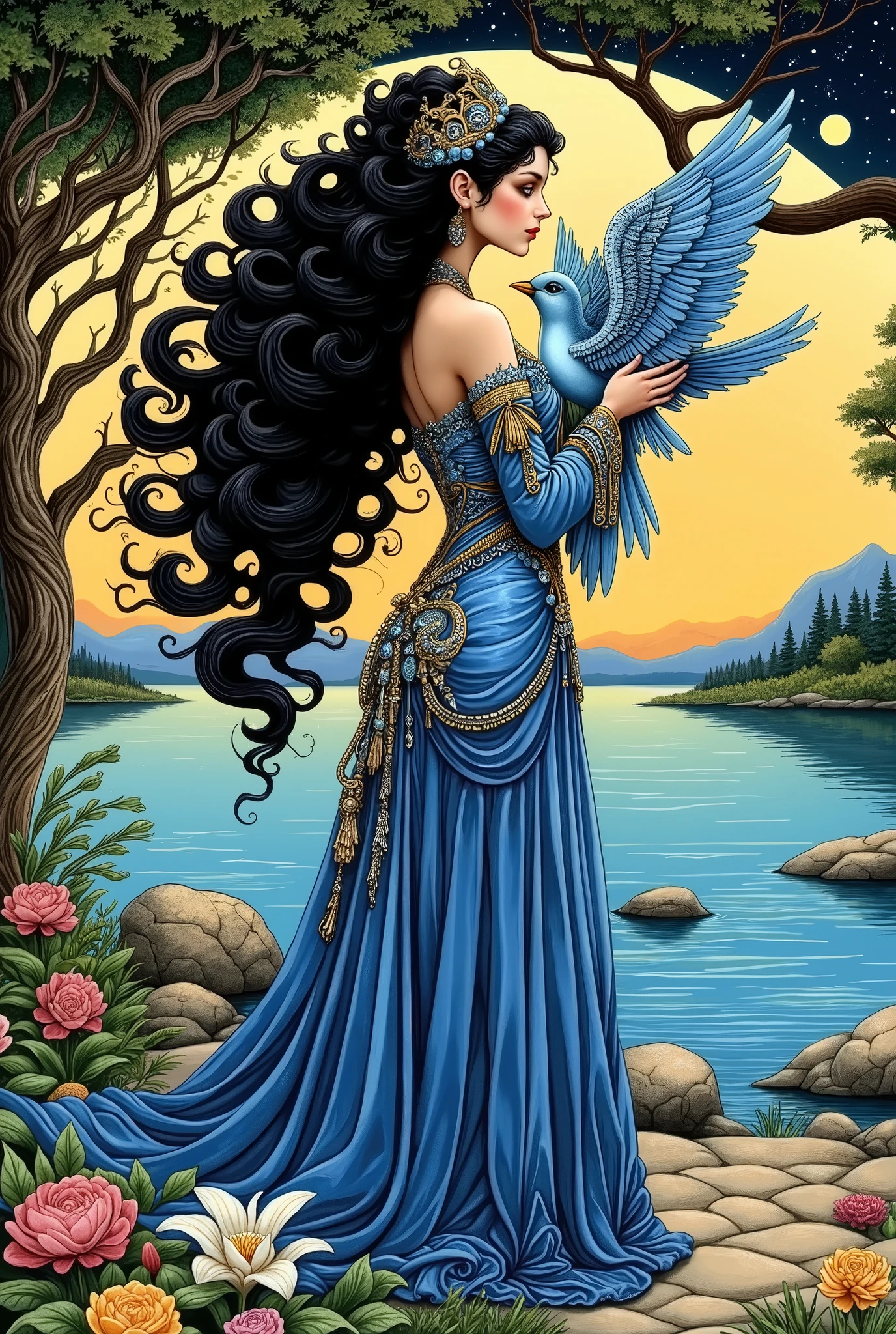 A beautiful girl hugs a magical fairy-tale bird, long shiny black curly hair flutters in the wind, a long regal blue-blue dress with long transparent sleeves, rich intricate decor, precious hair ornaments, embroidery with gold and precious stones, cords, ribbons, pearls, beautiful stylized shapes and costume decor, many intricate intricate patterns, curved lines and textures, smooth shapes, refined facial features, graceful, beautiful, well-shaped hands, against the background of an azure lake among beautiful trees and flowers, bizarre flowers on the shore, Dark sky after sunset, stars, moon, bright, gradient color scheme consisting of gradations of blue and yellow colors. digital art in the style of painting, symbolism, Art Nouveau, surrealism, fantastic realism, hand-painted, stylization, high detail,