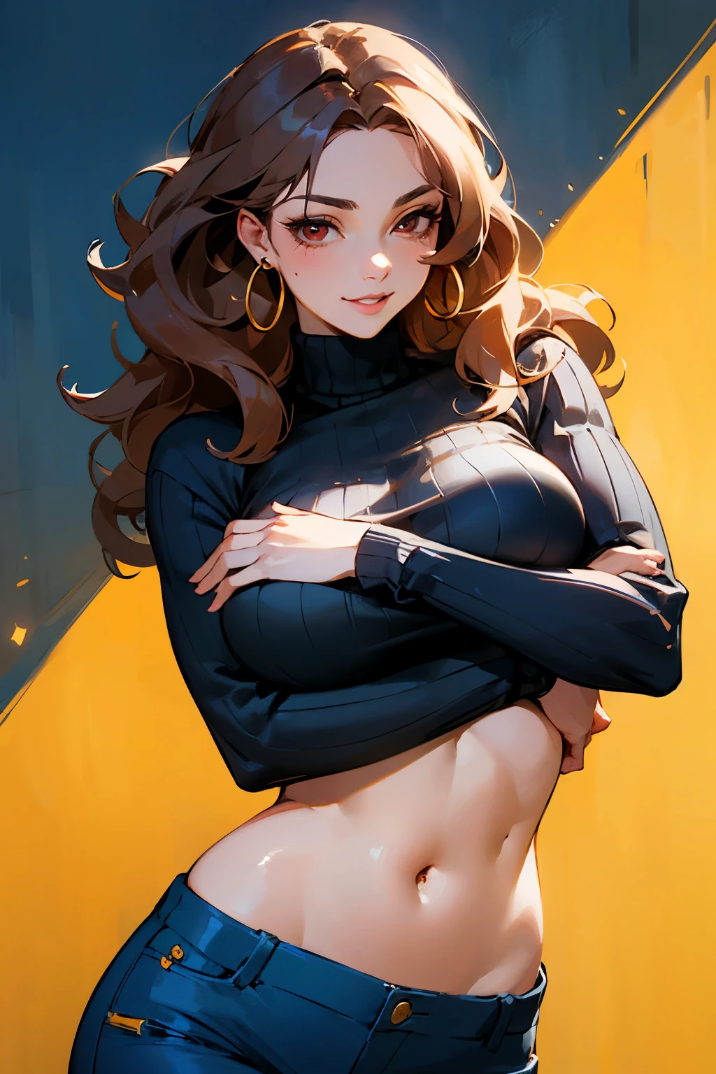 (best quality:1.5, highres, UHD, 4K, detailed lighting, shaders), best quality eyes, perfect hands, perfect finger brown floral haired, gradient hair, big breasts, brown bra, big thighs, big butt, brown jacket , brown long pants, mature woman , (pov), black background, colorful eyeshadow, dramatic lighting, sparkling eyes, sensual expression, golden earrings, flowing hair, delicate facial features, dark skin, high cheekbones, urban setting, black background, dont look for the camera, lean forward, behind the camera
