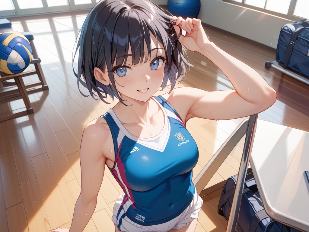 one girl、ponytail、brown hair、healthy、brown eyes,normal breasts(B cup)、cute face、cute anime illustration、Do your best in club activities、Athletics part、playground、White and navy blue uniform、play sports often、sunset、(Sweat:1.1)、Lie on your back on the mat、stretch