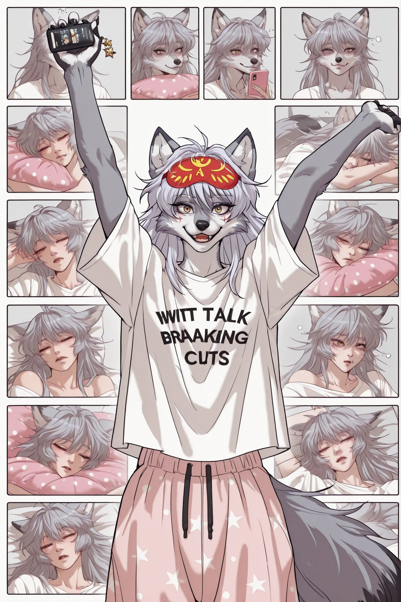 Species / Furry breed: anthropomorphic wolf (furry) — appearance of a wolf with human characteristics (biped, expressive and with a humanized body). Physical characteristics: Pelagem: Predominantly light gray with black details (like the tips of the ears, arms and tail ). Cabelos: Longos, ondulados, and white with a light lilac tone/prateado. Olhos: Grandes, expressivos,  with long eyelashes . Cauda: Longa, peluda, black with white tip. Orelhas: Grandes, Black with white interior, expressive and mobile. skin visible: Light gray tones (in parts of the trunk and face), harmonizing with the fur.  Clothes and Style : Top: Light yellow t-shirt with the logo of "Los Pollos Hermanos" (reference to the series Breaking Bad). The t-shirt is worn casually and loosely, with exposed shoulder.  underside: Pink pajama pants with white moon and star prints. accessories: Pink sleeping mask with the phrase "Sweet Dreams". Black mug with white writing: "DON’T talk to me until I’ve eaten this mug". Pink cell phone. Expressions and Attitudes in the Poses: 1. Upper left pose: Dormindo, with a calm and cute expression, hugging a pink pillow with polka dots. 2. Top right pose: Stretching when waking up, bocejando, Sleepy expression . 3. Lower left pose: irritated face/cansada, holding the cell phone and the mug, expression of someone who doesn't want to talk.
