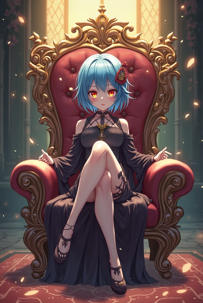 Rem, Ningguang, white hair, red eyes, dress, detached sleeves, bare shoulders, jewelry
(tsundere, sitting on trone), arrogant disdainful, (foot from below, barefoot)
show feet, sole of foot
, large breasts,
at throne room with gold, columns, curtains, (detailed background)
sun rays masterpiece, best quality, detailed eyes, 4k, highres
