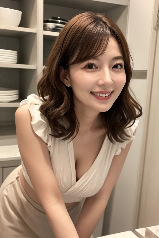 45 year old Japanese man、Bathroom、Wear a bathrobe、Super detailed face、Eye on the details、double eyelid、Beautiful thin nose、Sharp focus:1.2、Beautiful woman:1.4、(Light brown hair,Shortcuts, ),Pure white skin、highest quality、masterpiece、Ultra-high resolution、(Photorealistic:1.4)、Mature Woman,Large Breasts,E cup breasts,A big smile,lingerie