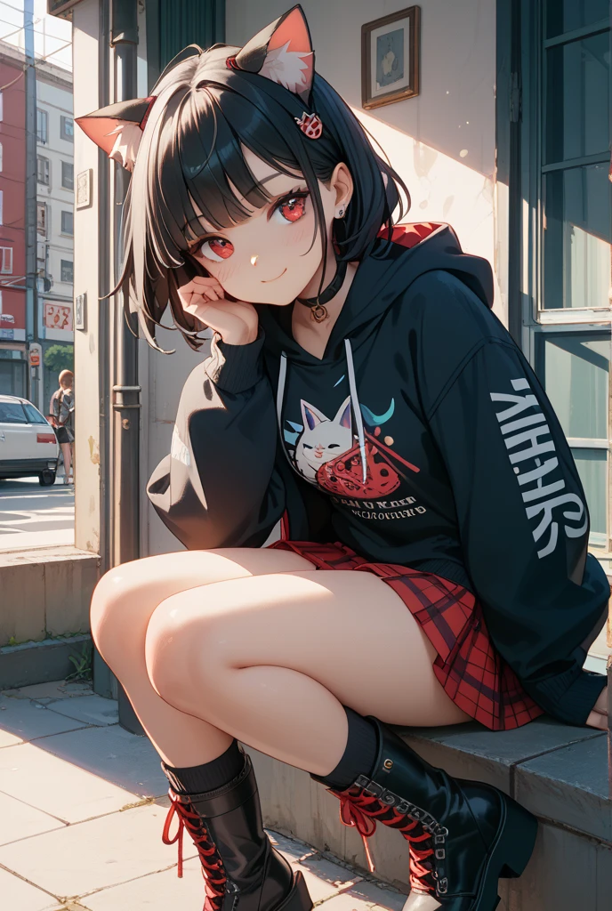 (mejor calidad,4k,8K,high resolution,obra maestra:1.2),ultra detallado,(realista,photorealista,photo-realista:1.37),una chica junkotvv dormida en una escuela abandonada,sucio,lleno de basura,botellas de alcohol,y cigarrillos,ILLUSTRATION,estilo oscuro y arenoso), gorro, pelo largo, pelo negro, red eyes, orejas de gato, camisa negra sin mangas, bufanda rosa, falda rosa, botas rosas, forma del cuerpo, pechos medianos,dramatic lighting,
