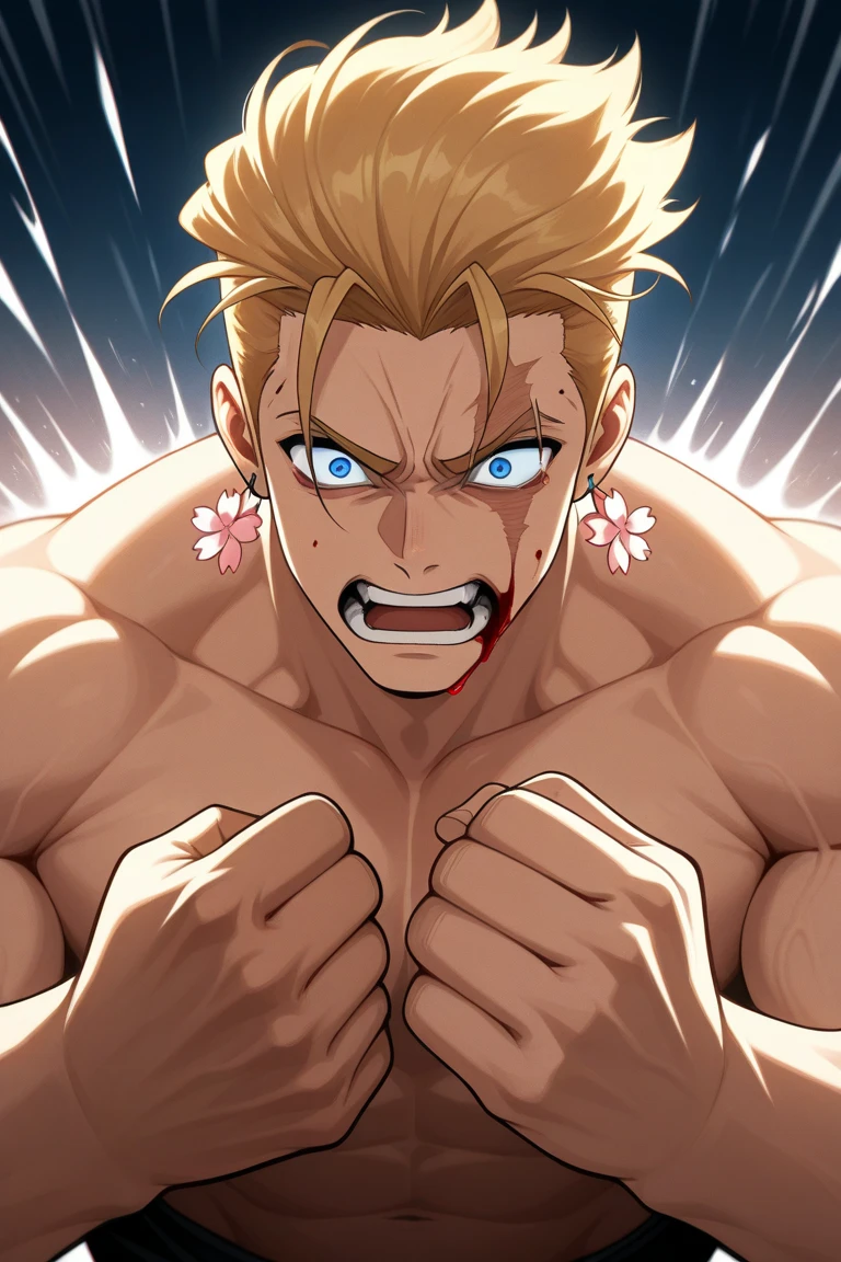 (White beautiful boy:1.44),original,独奏, (((((((13 year old:))))))),(close eyes),(cool face,beautiful face,manly face:1.5),(Short, shaggy, golden hair:1.94),(muscle full-body:2.18),(Muscular abs and blood:1.68),(full-body catastrophic injury:1.75),(standing,fighting pose:1.75), (Linen briefs with bulging crotch:1.49), masterpiece, best quality, very aesthetic, absurdres