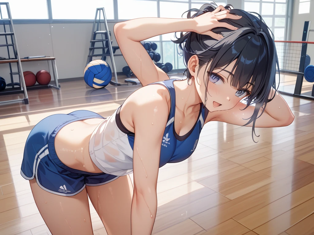 one girl、ponytail、brown hair、healthy、brown eyes,normal breasts(B cup)、cute face、cute anime illustration、Do your best in club activities、Athletics part、playground、White and navy blue uniform、play sports often、sunset、(Sweat:1.1)、Lie on your back on the mat、stretch