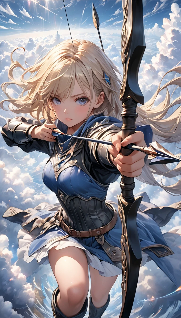 Anime Girl, Swinging Big Axe, Blue eye [Blond hair, braid] [Nordic, Brown armor decorated with fur] Blue scarf, electric current, dark