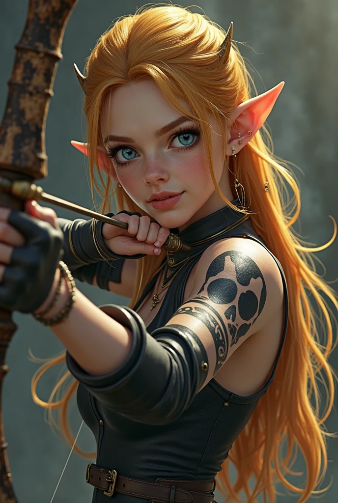 ((masterpiece,best quality)), <lora:Twilight_Theme_Zelda_Anime:0.8>, (Twilight_Theme_Zelda), glow, glowing, green glow, dark skin, grey skin, glowing tattoo, pointy ears,  long hair, 1boy,  upper body, ponytail, weapon, male focus, orange hair,  yellow sclera, smile,