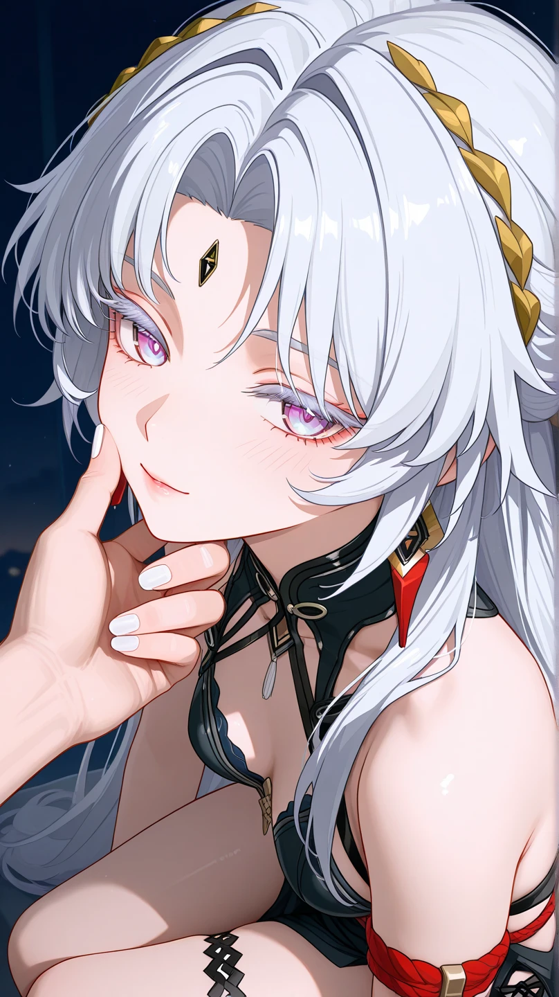 1 woman Sitting, crossed legs, smile, looking at the viewer, blushing, detailed face, (masterpiece),detailed eyes, highly detailed eyes , silver hair, red eyes,
masterpeace, best quality, (extremely detailed CG:1.3), highly detailed faces