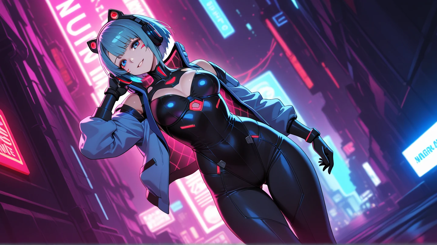highest quality、complete limbs、Refers to the whole、1 beautiful woman、beautiful big breasted woman:1.3、light blue hair woman、big big smile、((middle parted hairstyle:1.3))、straight hair woman、((Cyber suit with light blue zipper:1.5))、smooth cyber suit、skyscrapers at night、sit with your legs apart