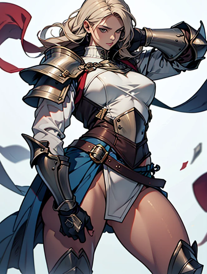 (high resolution, pixel perfect, realistic, gorgeous illustrations), (hyper quality, muste piece, etheric: 1.4), ((((nsfw)))), (((1girl))), full body, (((dark skin))), (((((((crossed legs))))))), (((clothes lift))), mature woman, cool atmosphere, blonde hair, (((((((straight hair))))))), ((Exquisite face)), ((aroused)), (((((((muscular))))))), ((thick thighs)), (((wide hips))), ((Big breasts that are about to burst)), fighter, (((woman))), ((((wh_chi_armor)))), lewd woman, (shiny skin), ((((gleaming skin)))), (((sweat))), simple background,
