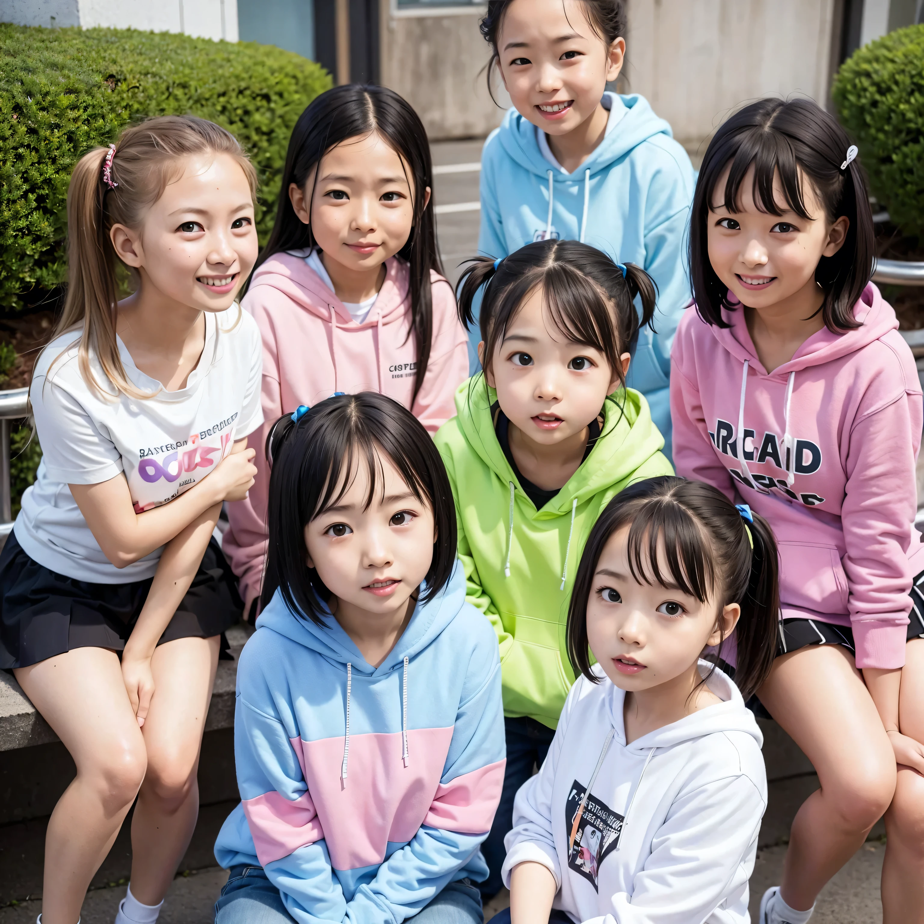 18yo、HD, masterpiece, ((hoodie)), (pastel west cross ), red cheeks, best quality, smile, (  Medically Accurate  ),((classmates)), staring at camera,幸せそうなsmile, city crossroads、4 girls