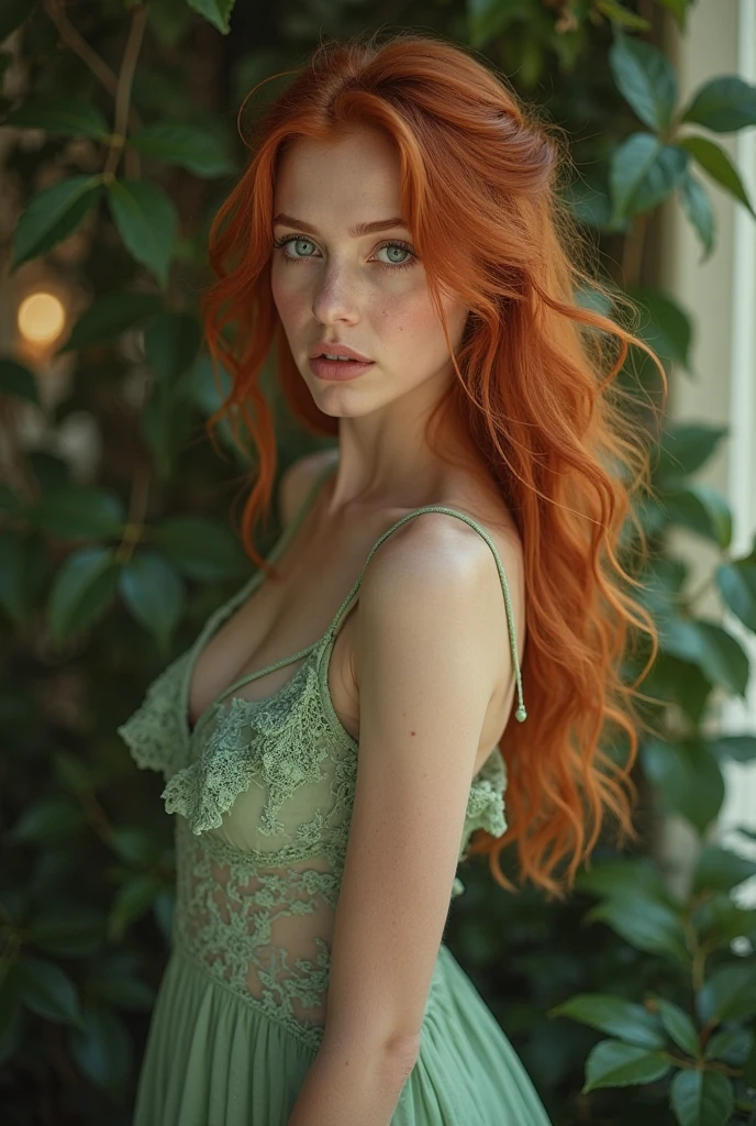beautiful lady, freckles, dark makeup, hyperdetailed photography, soft light, head and shoulders,  , , extremely detailed, amazing, fine detail,  perfect beautiful woman extremely detailed, extremely symmetrical extreme detailed symmetrical eyes and face, sharp piercing green eyes lumen lighting, detailed clothing, smooth and lean glowing skin, subsurface glow, (goth: 0.8), double bun, skirt, red hair

 her nice rounded breasts , waist up pose , various shot angle 