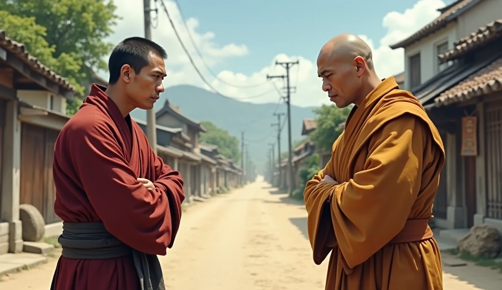During Buddhist Lent, monks in Thailand dress modestly, but their bodies are not tight and their muscles are clearly visible. Five people with freshly shaved heads and eyebrows. The backdrop is a golden pagoda at night.