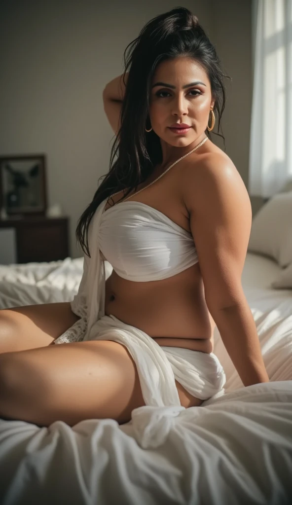 ((Photography)), ((Realistic lighting、top-quality、8K、masterpiece:1.3))、Clear focus:1.2、((cowboy shot:1.5))、((Shot from below:1.4))、((udder of medium size:1.4))、((Dressed))、portrait of a busty 35 year old Asian model, perfectbodybeauty:1.4, dark skin, deep tan, sitting on the living room, soft silk lace camisole, black long hair, forehead, cleavage, melanin, thin, (slim), ((adorable:1.2)), ((masterpiece:1.3)), ((bokeh:1.2)), (dynamic seducing pose), perfect dynamic composition, ((Realistic proportions)), ((Good anatomy)), seductive smile, flirting eyes, solo, photo-realistic:1.37, Film grain, chromatic aberration, Sharp Focus, face lights, Professional Lighting, Sophisticated, (he looked at me with a confused expression:1.4), ( Background, Bokeh Background:1.2), Detail Face、