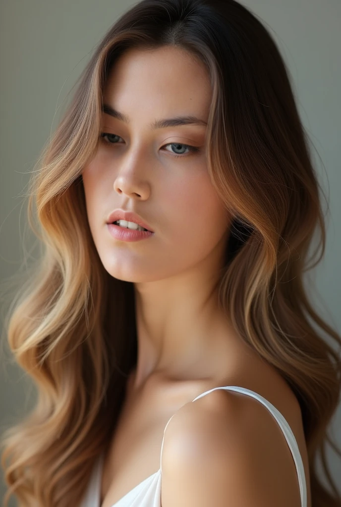 Portrait photo of a girl with bangs, a soft blush on her cheeks, in a crisp white shirt with the collar slightly undone, her face framed by loose strands of hair, set against a textured beige background with subtle, diffused lighting.