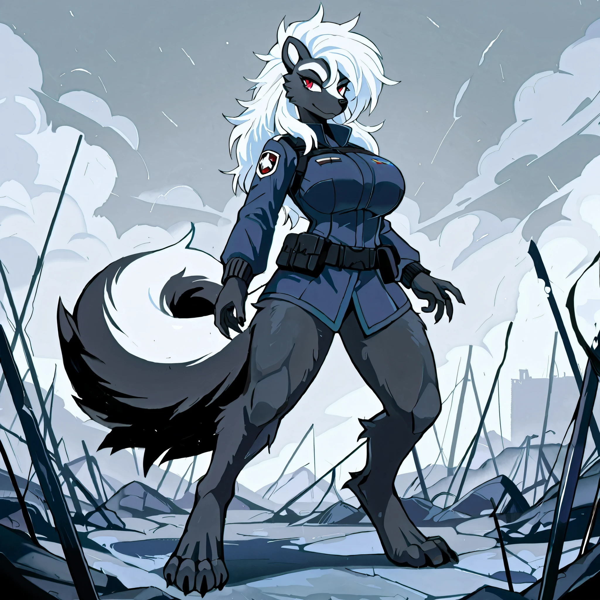 masterpiece, best quality, anime style, anime shading, full body picture, buxom body type, centered, three-quarters view, by plive, 1girl, anthro, furry female, large skunk female, long white hair, red eyes, (pointed ears), (tall with large breasts), black fur, black claws, black nose, digitigrade legs, digitigrade paws, battlefield background, wearing a specialist uniform