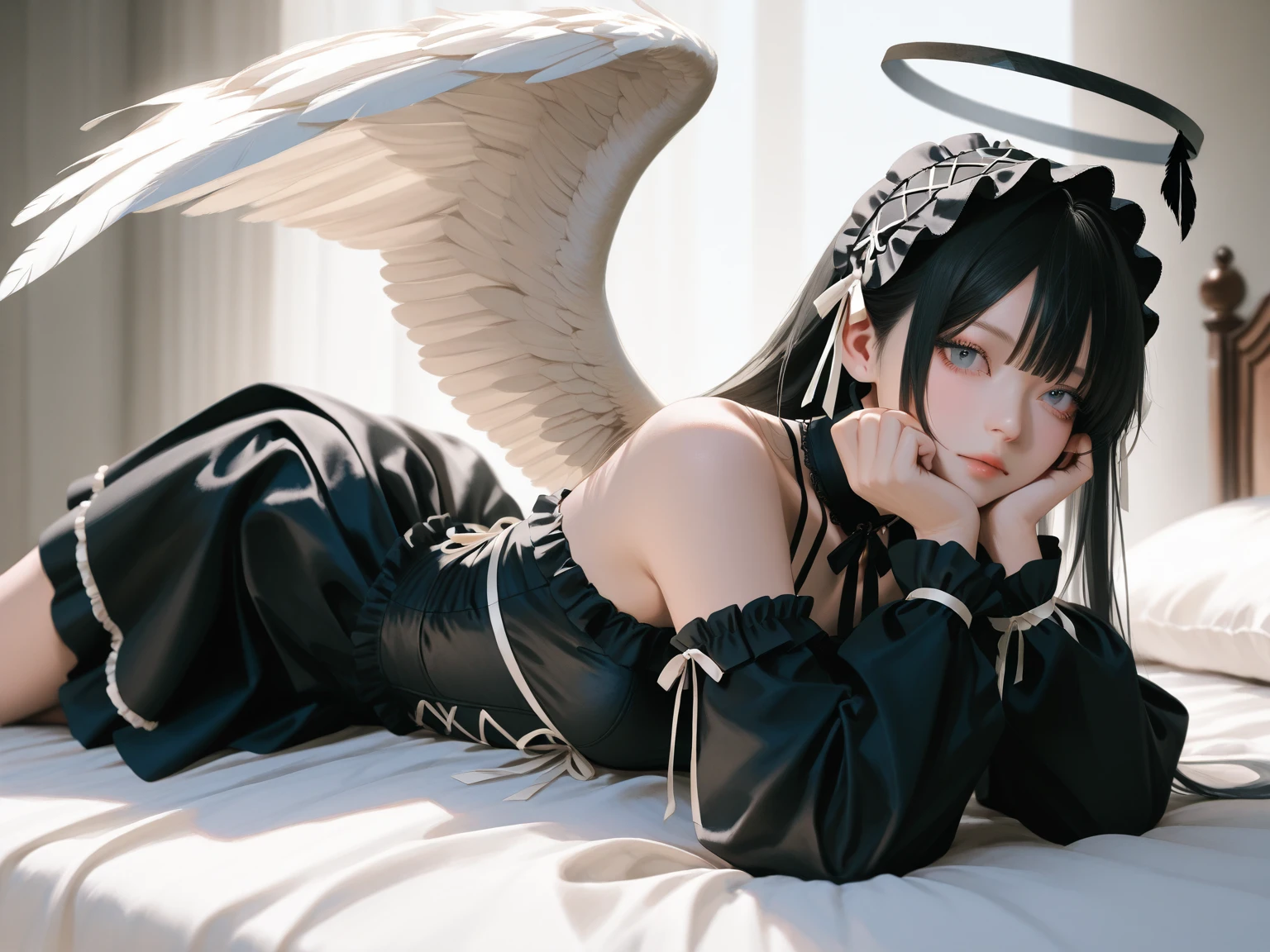 One was wearing a black dress、Lady wearing pink headband, 女反派有黑色Angel的wing, Belle Delphine, edit, Edit photosy, Killer Star, With black braids, Editorial Fashion Photography, Sentimental and gloomy style, Edit photos, Angel般令人不安, Make me jealous, Angel, gothic horror vibes, French Maid, Photographed with color film，nun，Sexy，Long legs，nun服，Lace，Beautiful hands，wing，Black braids，羽毛wing，Beautiful face，妩媚Sexy的眼神，Look to the left，Slender and beautiful hands，