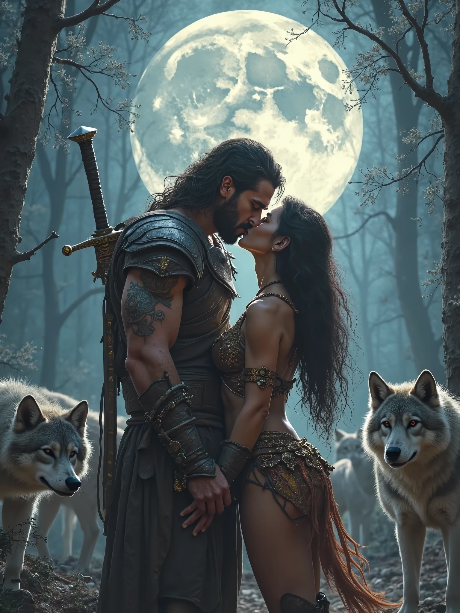 Generate a realistic image of a alpha male and female under a blue moon and a wolf howling wit wolf packs behind them