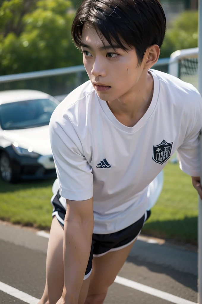 A 16-year-old boy plays soccer, Wear a vest, sweat shorts, whitestocking, Wear sneakers, Sit on the playground,Wearing sweat, Abs can be seen, junior school student, Differential crushing cap, rough breath, Black hair, Messy hair, modern, Eye level shots, hyper HD, Masterpiece, ccurate