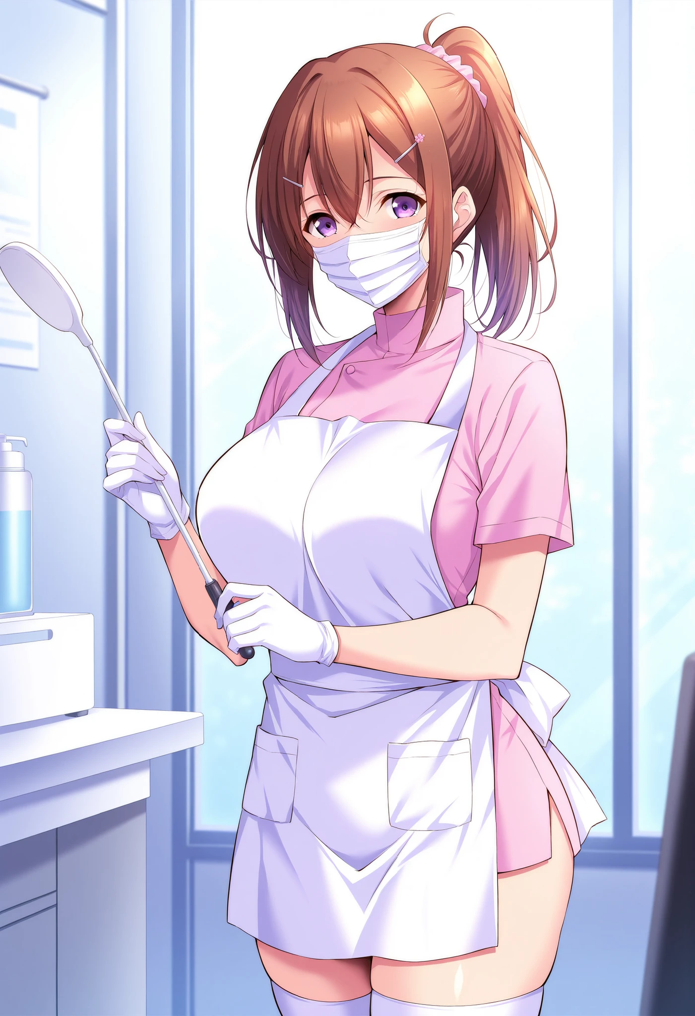 Score_9, score_8_up, score_7_up, source_anime, Sakurakawa_Ayana, 1girl, solo, brown hair, large breasts, ponytail, hair ornament, hairclip, purple eyes, shiny hair, hair between eyes, (best quality), (high quality), {masterpiece}, extremely delicate and beautiful, ultra-detailed, beautiful detailed eyes, dental hygienist, pink medical scrub, short sleeves, high collar, white apron, white latex gloves, white thighhighs, dentist office, ((white mask, mouth mask, covered nose)), standing